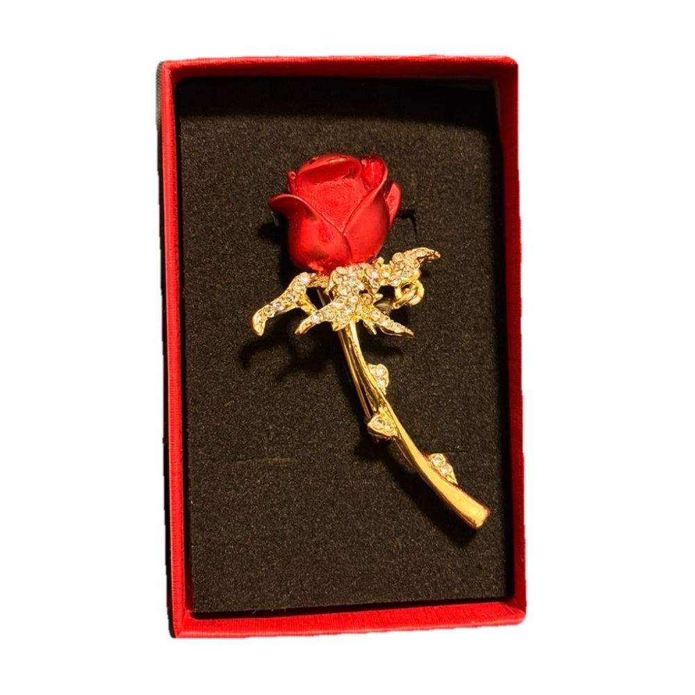 🦋 Elegant Red Rose Brooch with Gold Stem